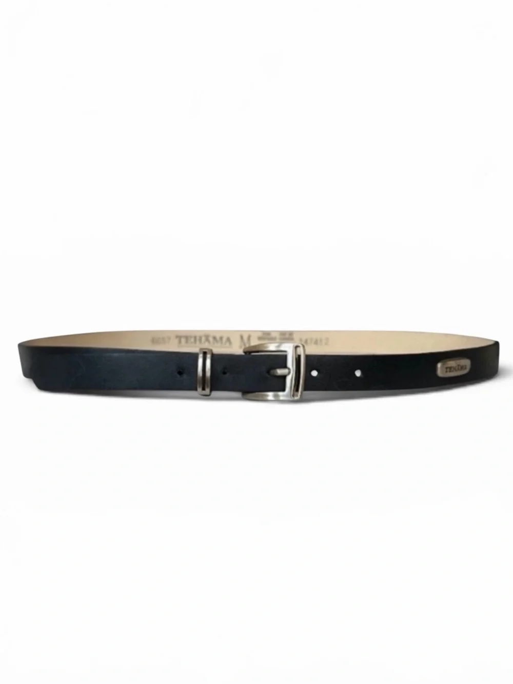 NEW TEHAMA Black Leather Belt with Silver Buckle Size Medium
